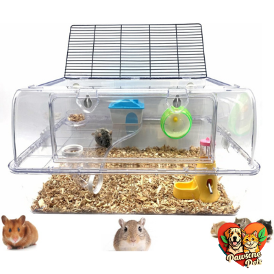 Large 2-Tiers Acrylic Hamster Cage with Running Wheel and Accessories