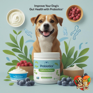 Healthy dog enjoying probiotic-rich food, representing improved gut health and wellness