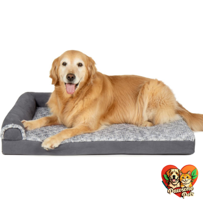 Furhaven Orthopedic Dog Bed - Two-Tone Plush Faux Fur & Suede L Shaped Chaise, Stone Gray