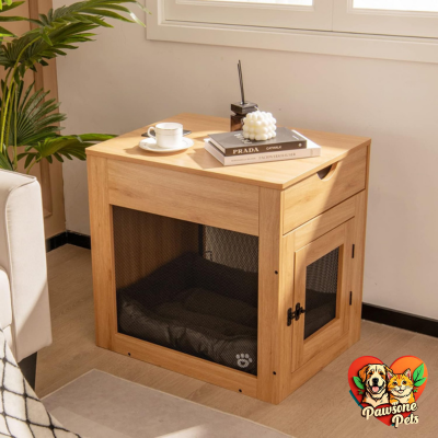 Giantex Dog Crate Furniture - Wooden End Table with Storage Drawer and Removable Cushion