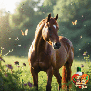 Realistic horse in a lush green meadow with fly repellent