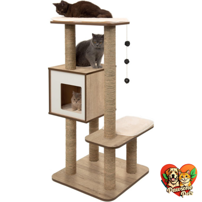 Vesper Cat Tree, High Base, Oak - Elegant Cat Furniture with Multiple Exits