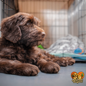 Dog crate training for calm behavior, sit and relax