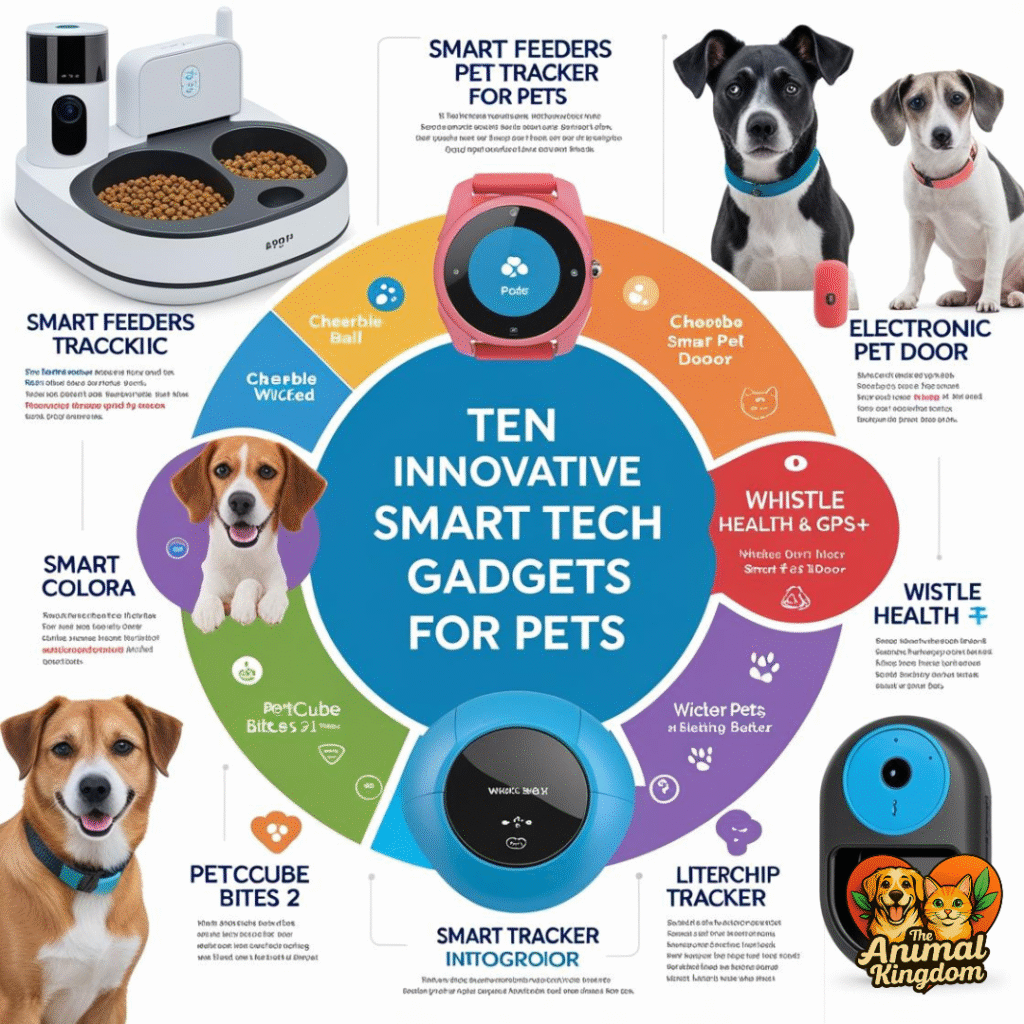 Smart tech gadgets for pets, including smart feeders, pet trackers, and interactive toys