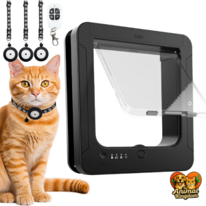 Microchip cat door with RFID collar activated opening and 4-way locking mechanism